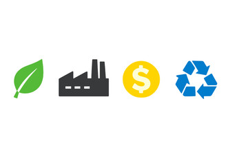 Obraz premium Symbols represent ideas of nature, industry, money, and recycling in a simple graphic design with four distinct icons aligned in a row