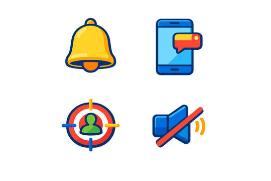 Icons show notifications, messages, location tracking, and sound settings commonly used in mobile apps and digital interfaces for user interaction and engagement