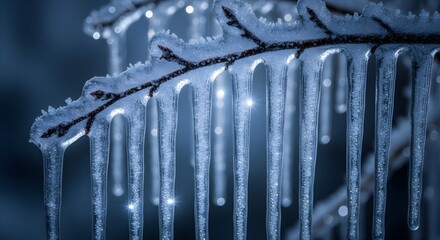 Icicles hanging from a metal structure during freezing winter conditions.