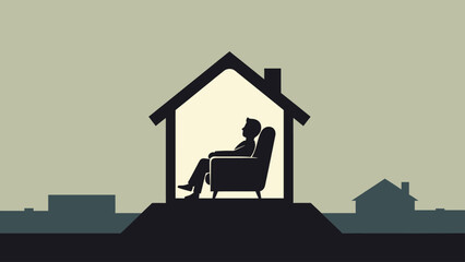 A stylized silhouette depicts a person relaxing in a chair within a house shape