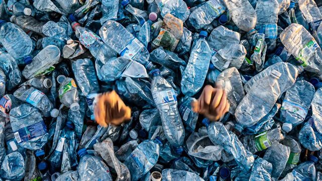 Hands reaching out from a pile of discarded plastic bottles symbolizing pollution crisis waste overflow and urgent recycling awareness.