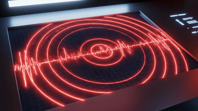 High-tech digital display shows pulsating red seismic waves radiating from an epicenter. This cinematic real-time simulation features a jagged seismograph line on a dark, sleek grid interface.