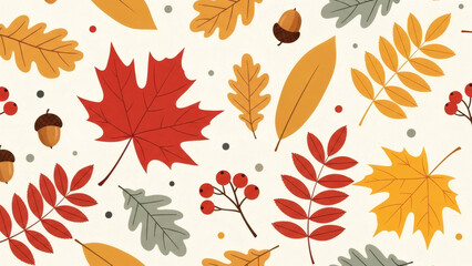 Obraz premium Vibrant Autumn Leaves, Acorns and Berries Seamless Pattern Background