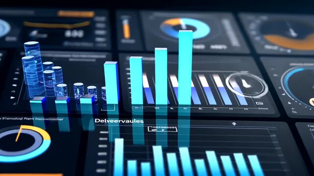 Digital dashboard displaying various financial and statistical graphs.