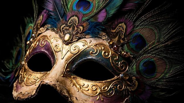 Ornate peacock feather mask turning in sequence. Elegant masquerade accessory with gold and teal details on dark background. Mystery and carnival disguise concept