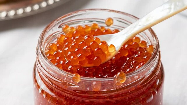 Spoon dipping into glass jar of orange caviar. Wooden utensil scooping spherical roe beads. Animated sequence of serving gourmet seafood delicacy