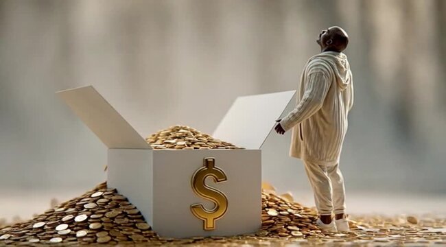 Homem observando caixa transbordando moedas saltando, conceito de riqueza, ganhos financeiros, sucesso, lucro e prosperidade econ&ocirc;mica