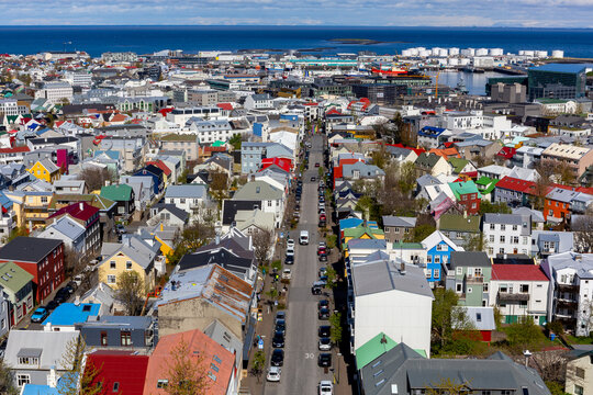 Symmetrical Reykjavik Cityscape Along Skolavordustigur Street with Rainbow Art.