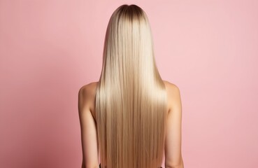 Naklejka premium Back view of a blonde woman with long straight hair against a soft pink backdrop. Her sleek hairstyle radiates elegance and confidence. This image represents minimalist beauty and sophisticated style.