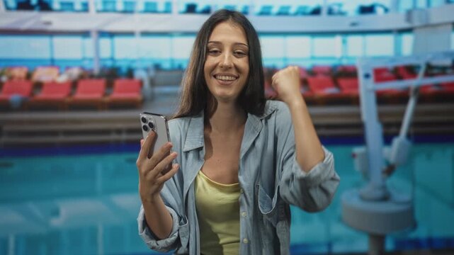 Woman holding smartphone, hand to mouth and fist pump at pool building while smiling broadly; joy celebration.