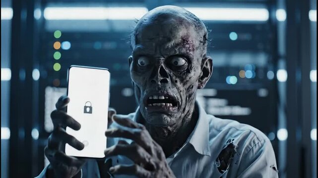Terrifying zombie in a tattered shirt holding a smartphone with a locked screen, expressing frustration and confusion before dropping the device in a futuristic, neon lit server room