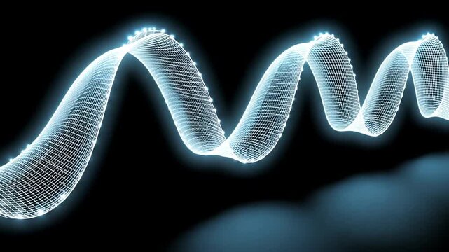 Glowing blue fiber optic cable wavy structure on black background.
