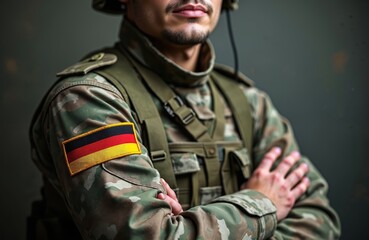 Fototapeta premium German soldier wears camouflage uniform with flag patch. Man with crossed arms in military vest. German army personnel stands ready for duty. National service and defense theme.
