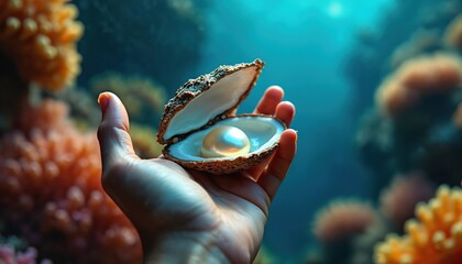 Fototapeta premium Hand holds open oyster shell with pearl inside. Underwater coral reef scene, blue water, aquatic nature, ocean exploration, discovery, rare treasure.