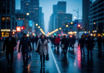 Obraz premium Blurry city street scene with people walking on a rainy evening downtown
