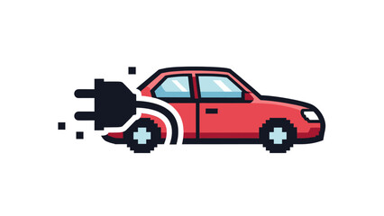 Fototapeta premium Vector illustration of a pixelated red car with a charging plug, symbolizing electric power
