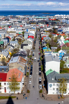 Symmetrical Reykjavik Cityscape along Skolavordustigur Street with Rainbow Art
