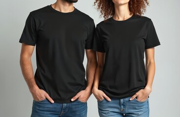 Man and woman wear blank black t-shirts and blue jeans. Couple stands with hands in pockets against a light grey background. Perfect for apparel mockups.