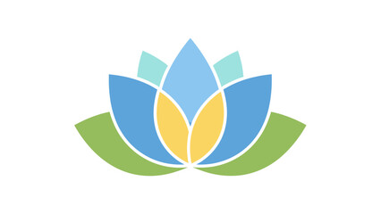 A stylized flower icon with layered petals in shades of blue, green, and yellow on white