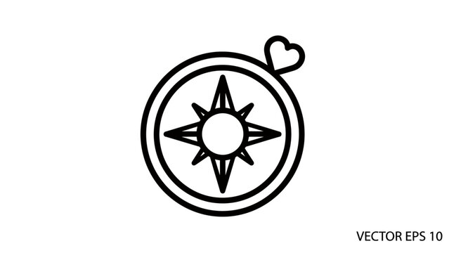 A black and white vector outline of a compass design with a heart symbol