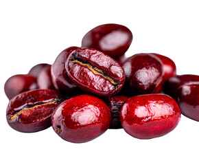 Obraz premium Delicious roasted coffee beans piled together, revealing their glossy texture and rich, deep red color, ready for brewing a flavorful beverage.
