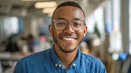 Fototapeta premium Smiling young african male in office setting.