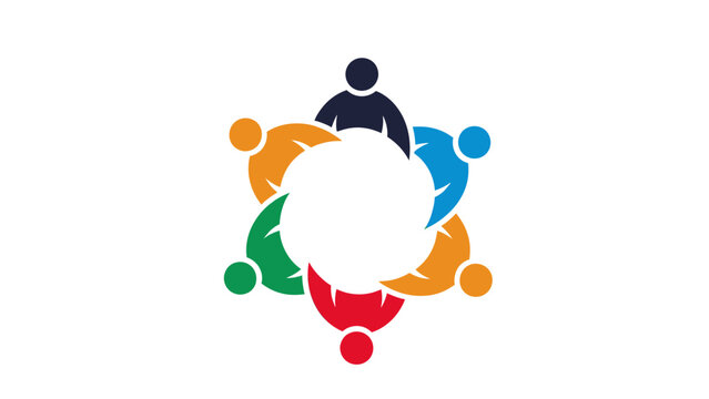 A circular logo with six abstract people forms of different colors around a central opening
