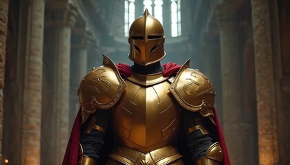 Golden armored knight stands majestically inside ancient stone castle hall. Warrior wears ornate helmet and red cape, holding sword. Fantasy character poses powerfully, ready for battle.