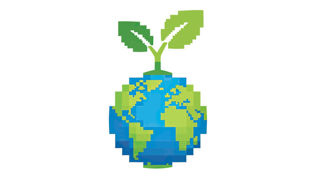 A pixelated Earth with growing leaves symbolizing environmental sustainability and growth