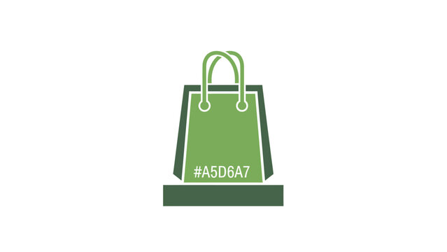 A simple graphic of a green shopping bag with a hex color code displayed, on a white background