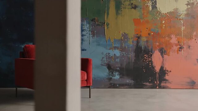 A visually striking and modern interior showcases a plush, deep red velvet armchair set against a vibrant backdrop of abstract expressionist paintings. The artwork features rich textures and a dynamic