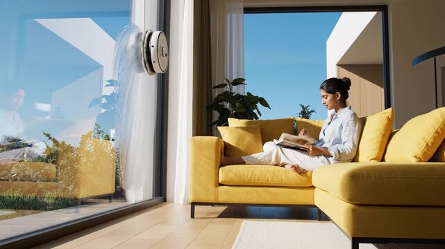 A woman reads a book on a yellow sofa while a robotic window cleaner washes the glass. Modern smart home lifestyle with automated chores. Ideal for technology and home comfort content.