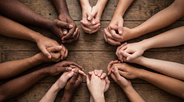 Warm, diverse human hands gently interlace in a comforting circle upon an ancient wooden table, expressing profound unity and universal connection