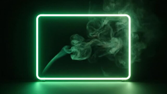 An electrifying, vibrant neon frame with softly rounded corners glows intensely against a deep, dark background, casting a subtle reflection on a minimal surface below. Dynamic, ethereal smoke or vapo