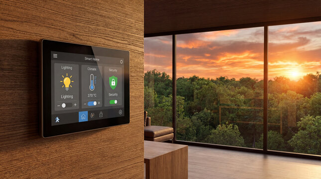 Intuitive digital interface guiding modern living within a stylish home, framed by a glorious golden sunset over a verdant forest