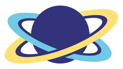 Fototapeta premium Abstract graphic of a central shape with orbiting blue and yellow curved lines