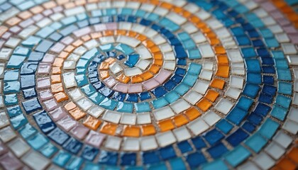 Fototapeta premium Colorful mosaic tile spiral pattern. Small squares of blue, white, and orange glass arranged in a circular design. Textured surface forms a repeating swirl.