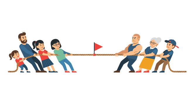 Two families, children and adults, engaged in a competitive tug of war game pulling a rope with a red flag