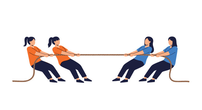 Two teams of women dressed in varied sportswear competing in a determined tug of war match pulling rope
