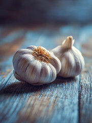 Two fresh bulbs of garlic with papery skins resting on a textured wooden surface illuminated by natural light for culinary use and healthy cooking ingredients
