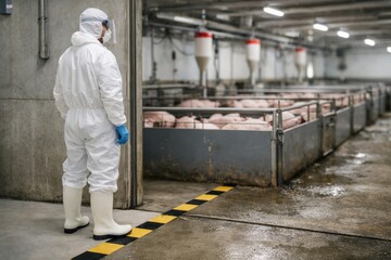 Fototapeta premium A worker in protective gear observes livestock in a biosecure facility, highlighting the importance of animal health and safety standards in modern farming practices.