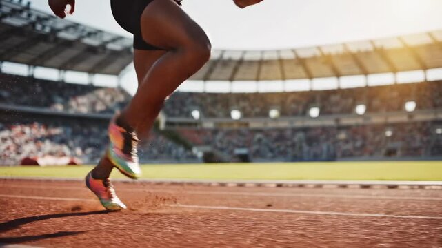 Black male athlete sprinting on a professional stadium track during a championship, with close up shots of muscular legs and feet kicking up dust, showcasing power and determination
