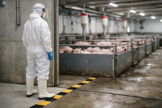 A worker in protective gear observes livestock in a biosecure facility, highlighting the importance of animal health and safety standards in modern farming practices.