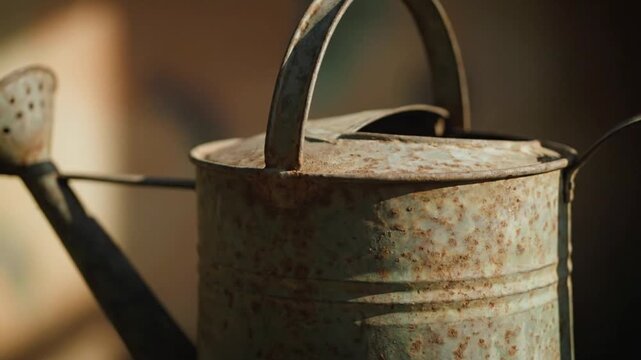 This close-up shot captures the rustic charm of an old, weathered metal watering can. The surface is adorned with beautiful patterns of oxidation and rust, displaying a rich texture and muted colors t