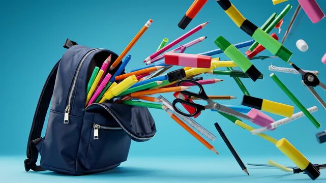 Educational tools like pencils and markers burst forth from a blue backpack in dynamic slow motion against a bright blue background, capturing the energy of back to school season.