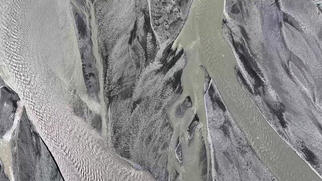 Aerial view of massive braided river system in volcanc landscape
