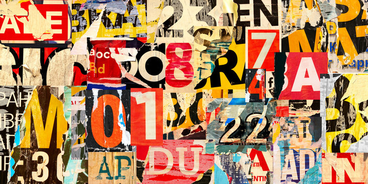 Collage of many numbers and letters ripped torn advertisement street posters grunge creased crumpled paper texture background placard backdrop surface