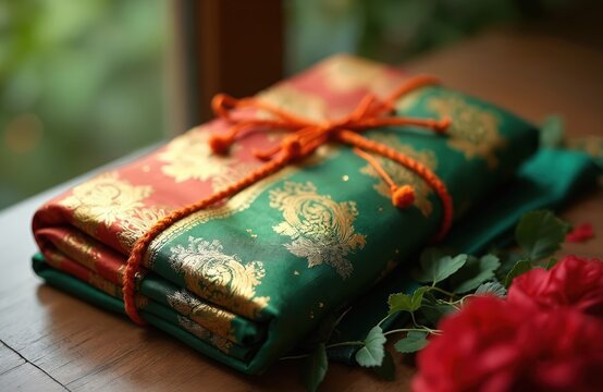 Folded Paithani saree with gold thread work. This rich silk fabric is red and green, tied with orange cord. Ready for gifting occasion, cultural event, or wedding ceremony.