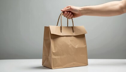 Hand holds brown paper shopping bag with handles. Eco friendly reusable gift packaging for products. Food delivery and takeaway service carrier.
