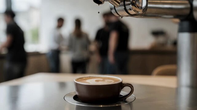 Robotic barista coffee station capturing a closeup of the automated arm pouring espresso while grabandgo customers remain softly out of focus.